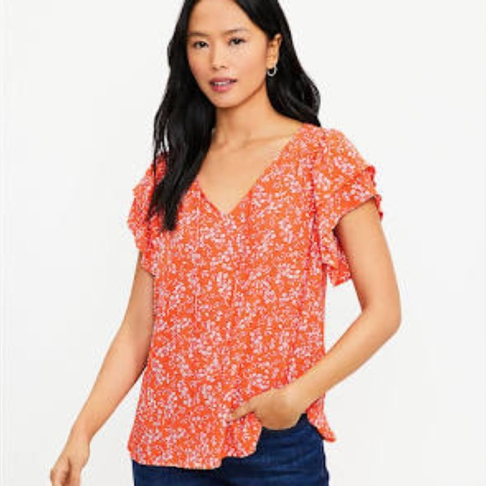 NWT LOFT Orange Floral Tie Neck Flutter Sleeve Top
